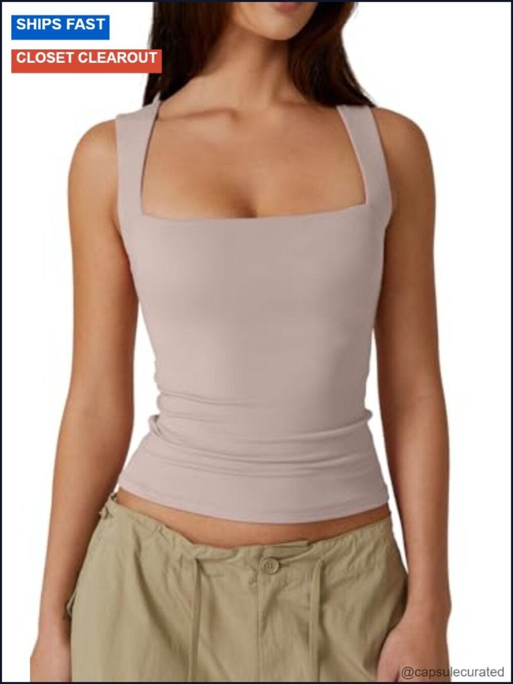 Sleeveless Square Neck Double-Layer Tank Top - Soft Stretchy Rayon Spandex